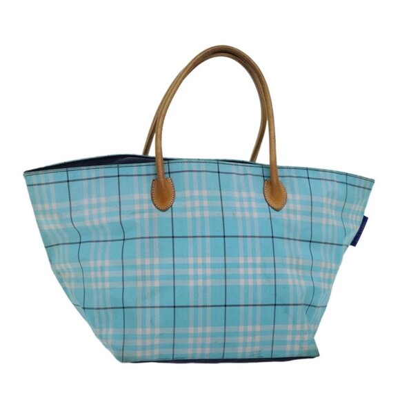 Burberrys Nova Check Blue Label Tote Bag Nylon Light Blue Silver Auth 88783 - Picture 1 of 16